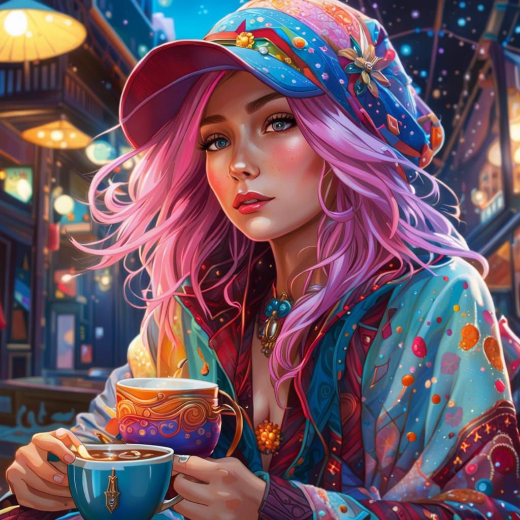 Cybernetic Wizard Drinks Coffee in Anime Style