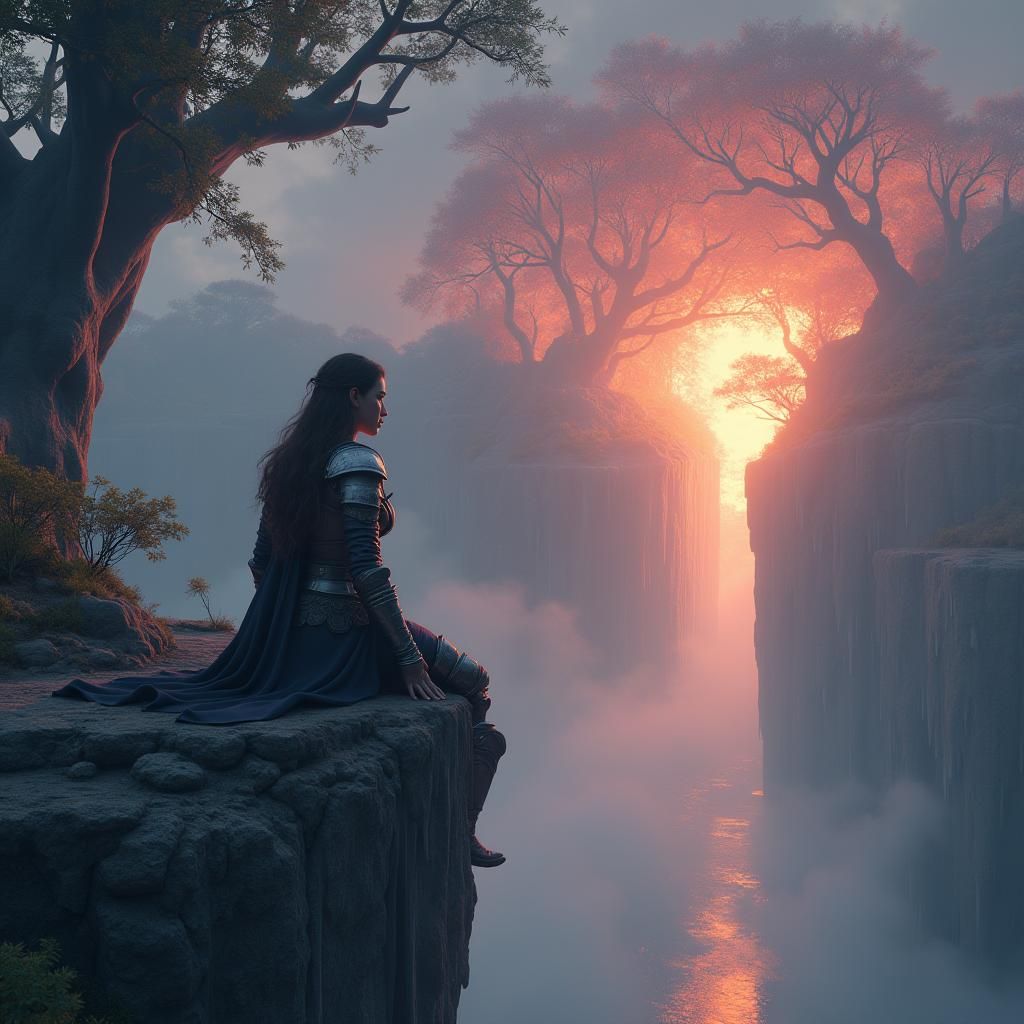 Armored Woman Gazing at Mystic Portal in Matte Painting
