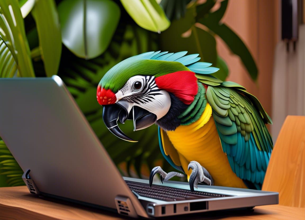 Parrot Typing on Laptop with Beak