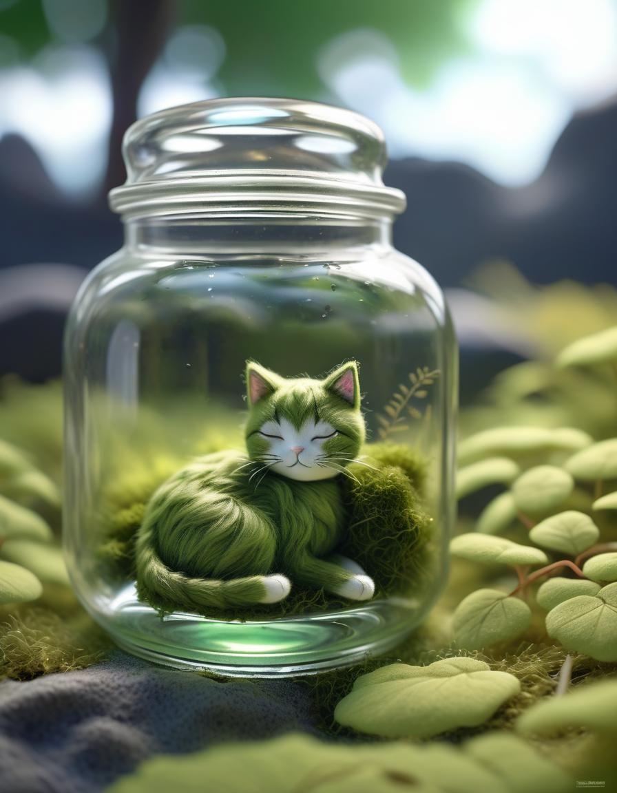 Green Cat Doll Sleeping in Mossy Jar