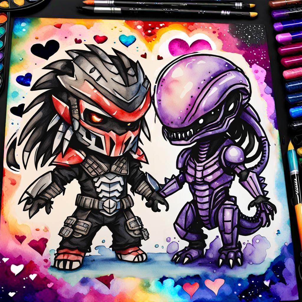 Cosmic Hearts and Filigrees in Watercolor Style