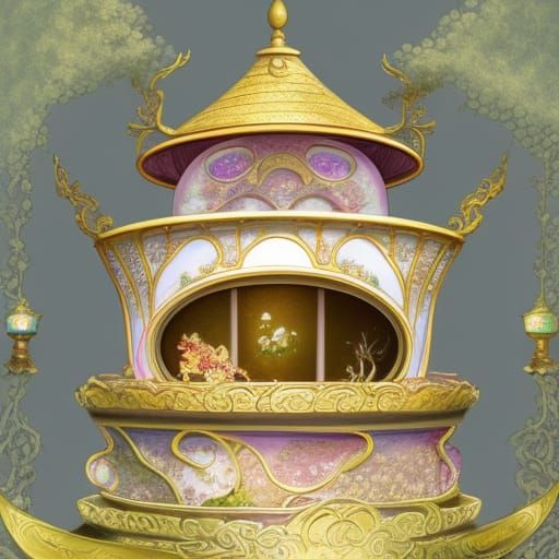 Fantasy Teacup House: Art Nouveau Digital Painting