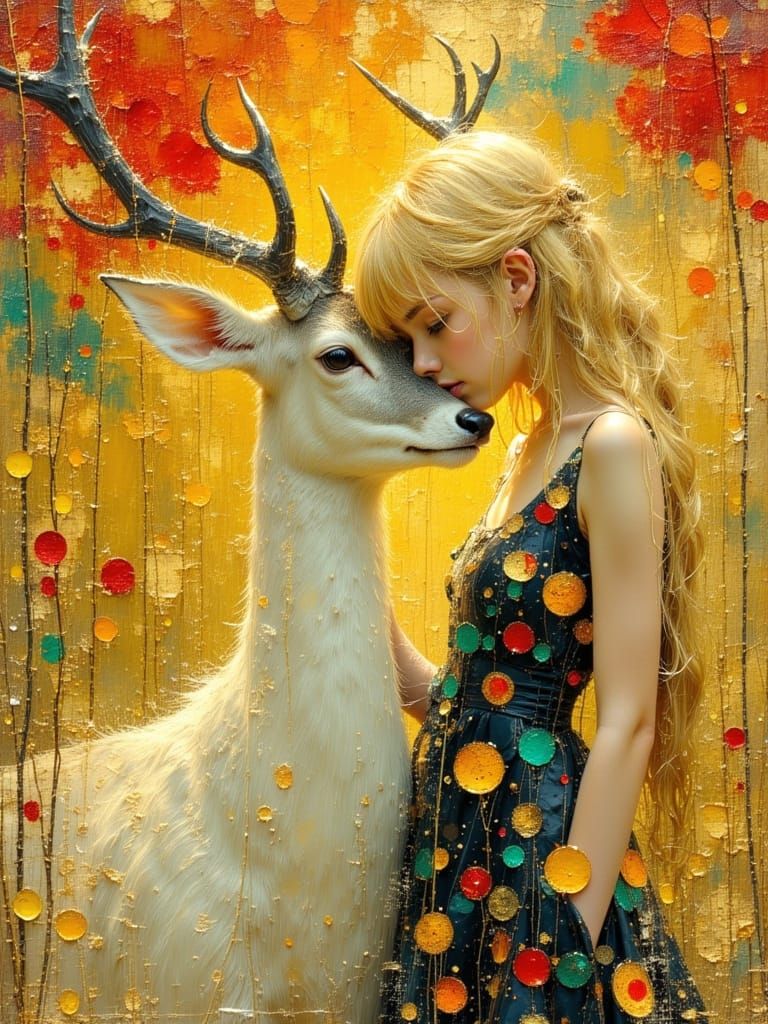 Woman and Stag in Klimt-Inspired Abstract Style