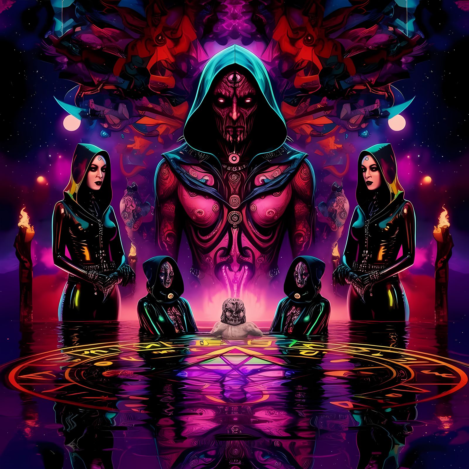 Surreal Black Magic Ritual in Pop Art Style