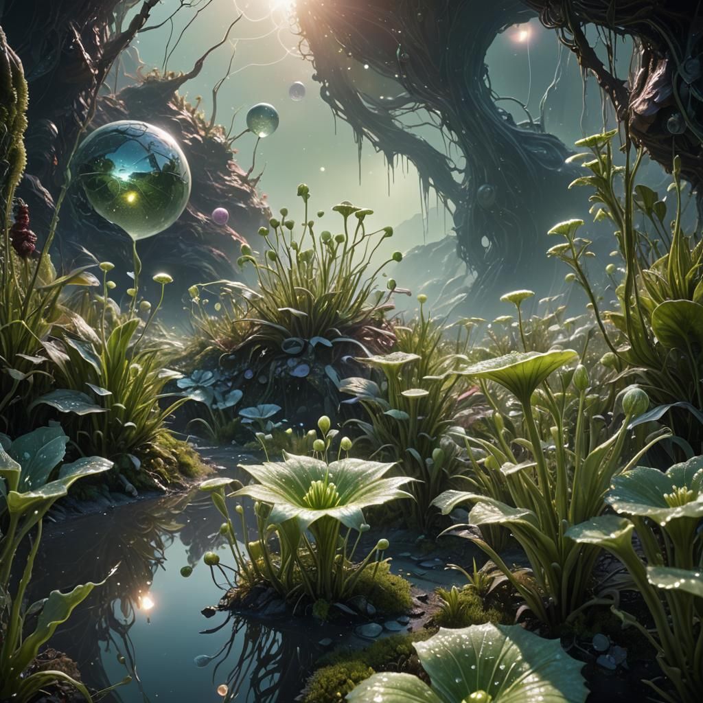 Ethereal Dew-Kissed Plants on Alien Planet