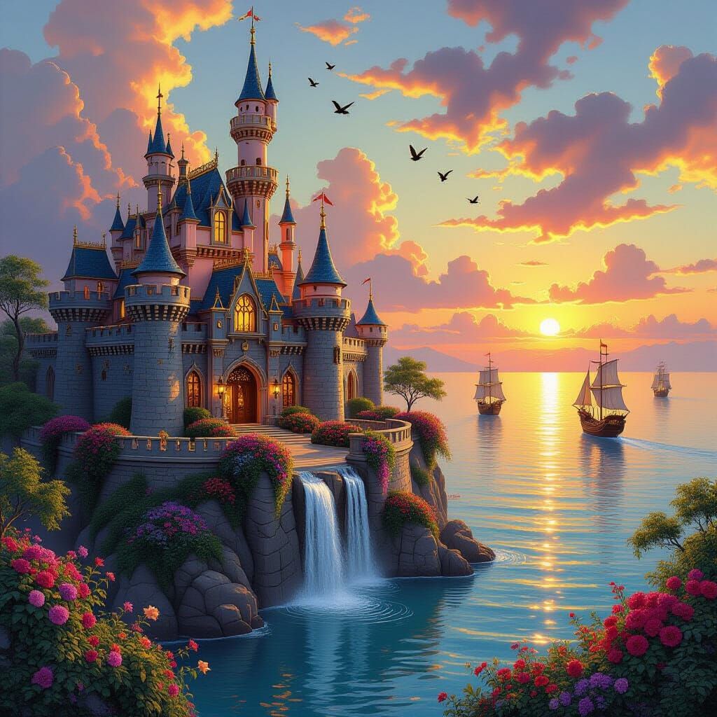 Fantasy Castle Floating on Sea at Sunset