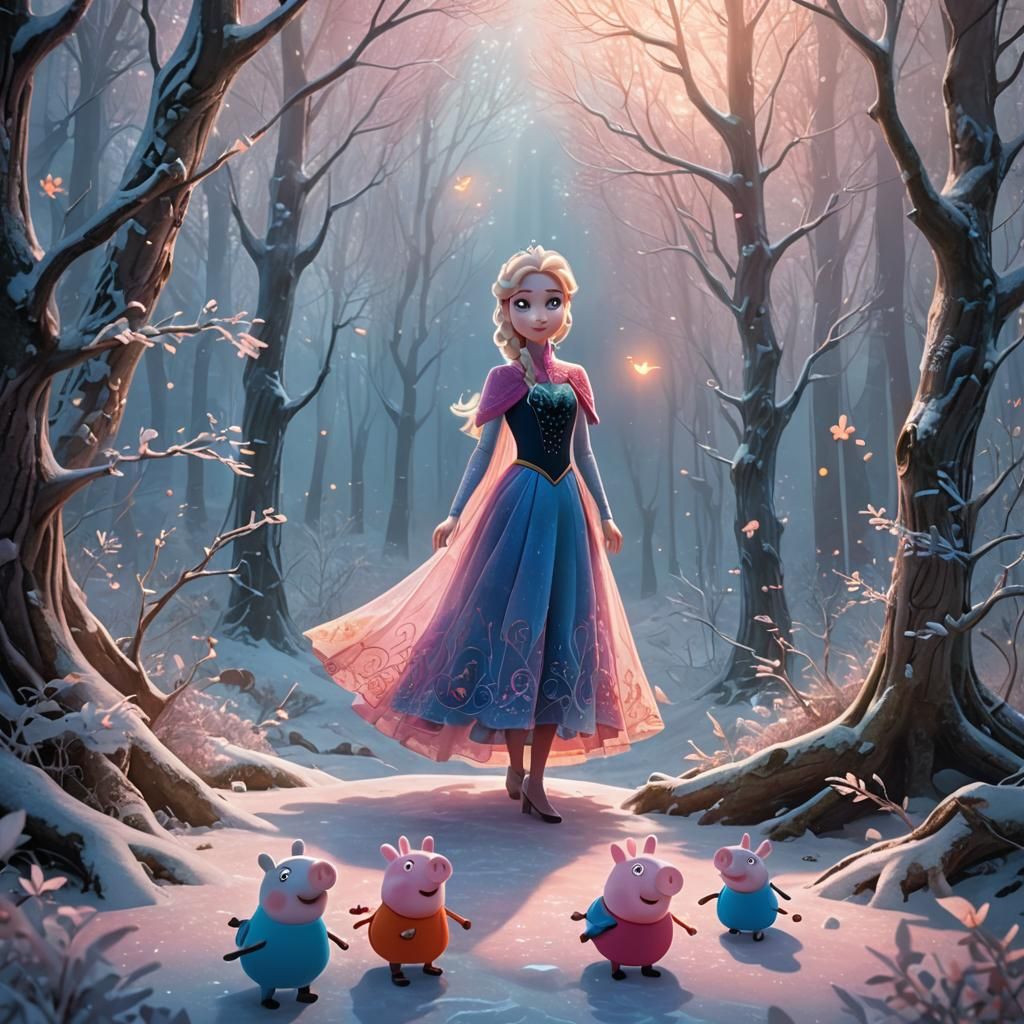 Elsa and Peppa Pig in Icy Forest: Fantasy Art