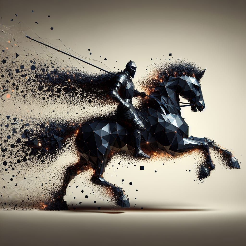 A black knight riding a black stallion its form composed of interlocking polygons.