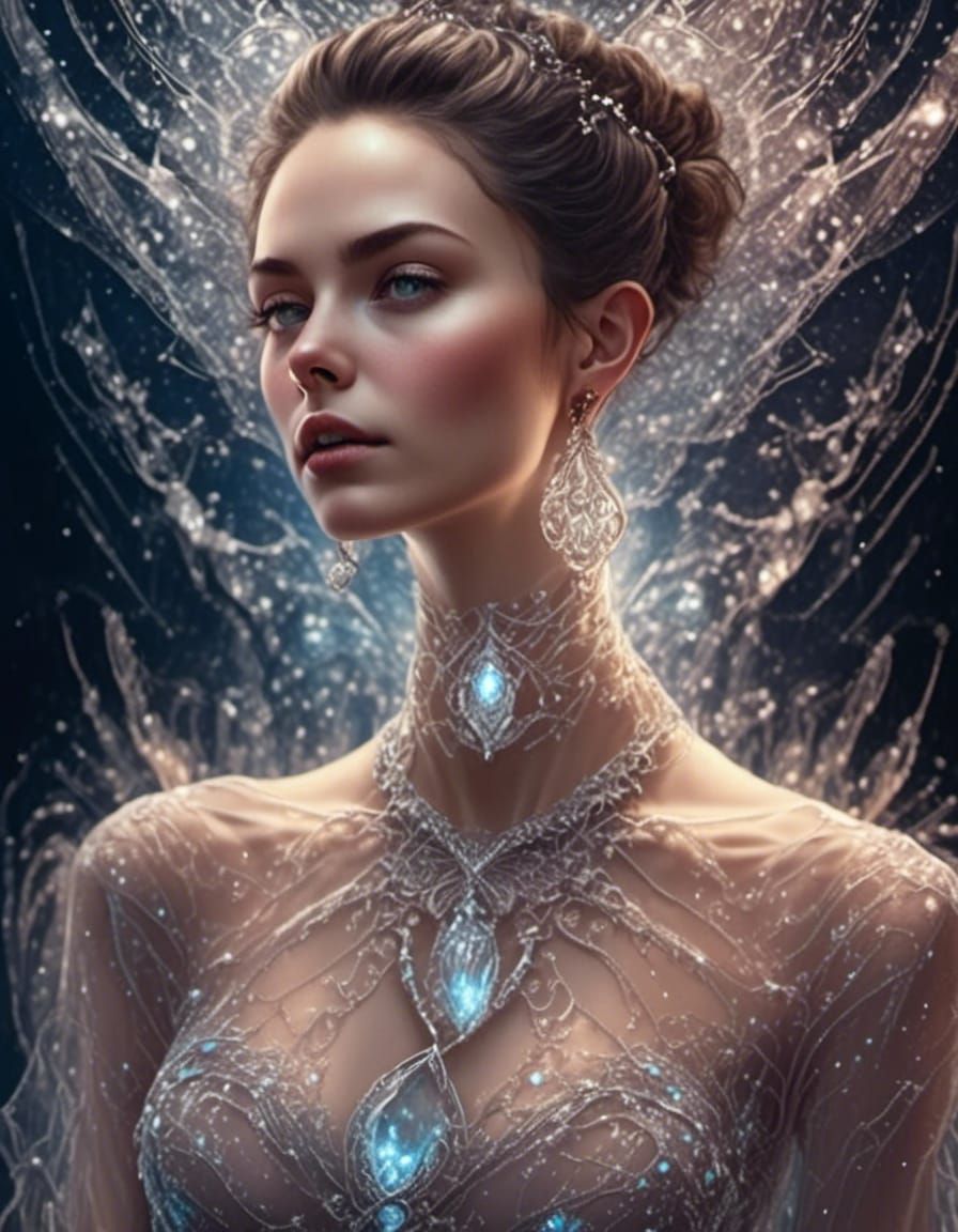 Woman in Glass Dress with Night Sky Background