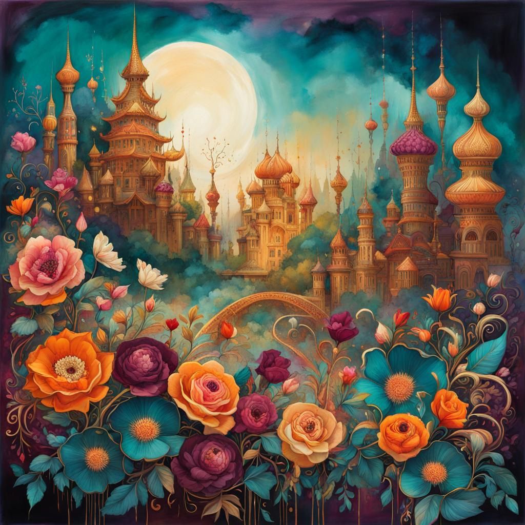 Whimsical Village in a Bottle: Storybook Illustration