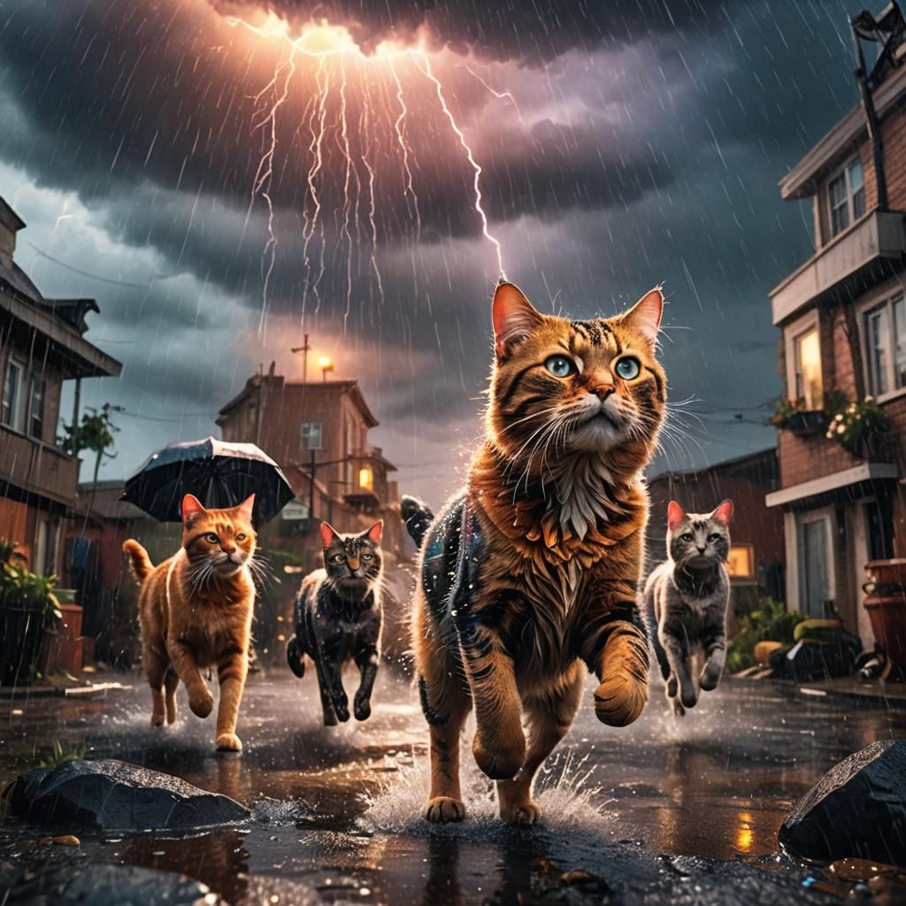 Cats and Dogs Falling From Stormy Sky