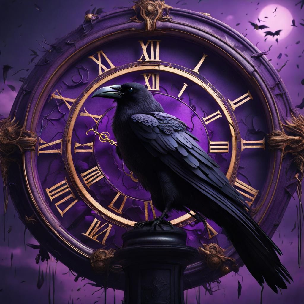 Corrupted Clock with Raven: Detailed Digital Painting
