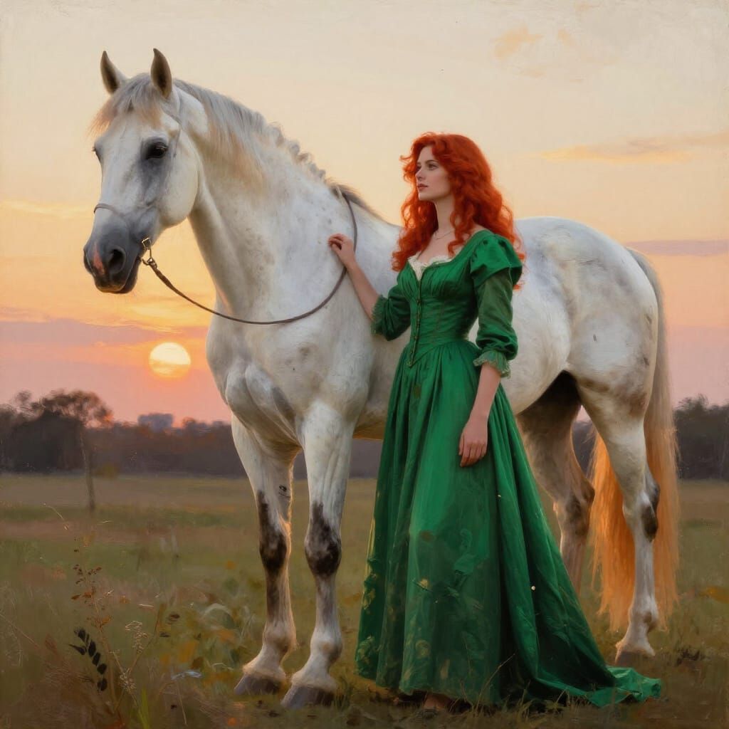 Woman in Green Dress Beside Spotted Horse at Sunset