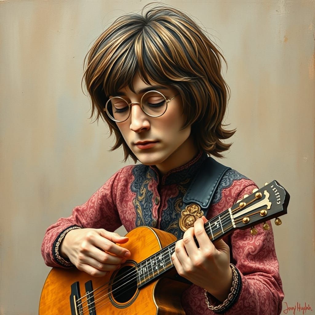 Tiny John Lennon in Gouache Style Masterpiece