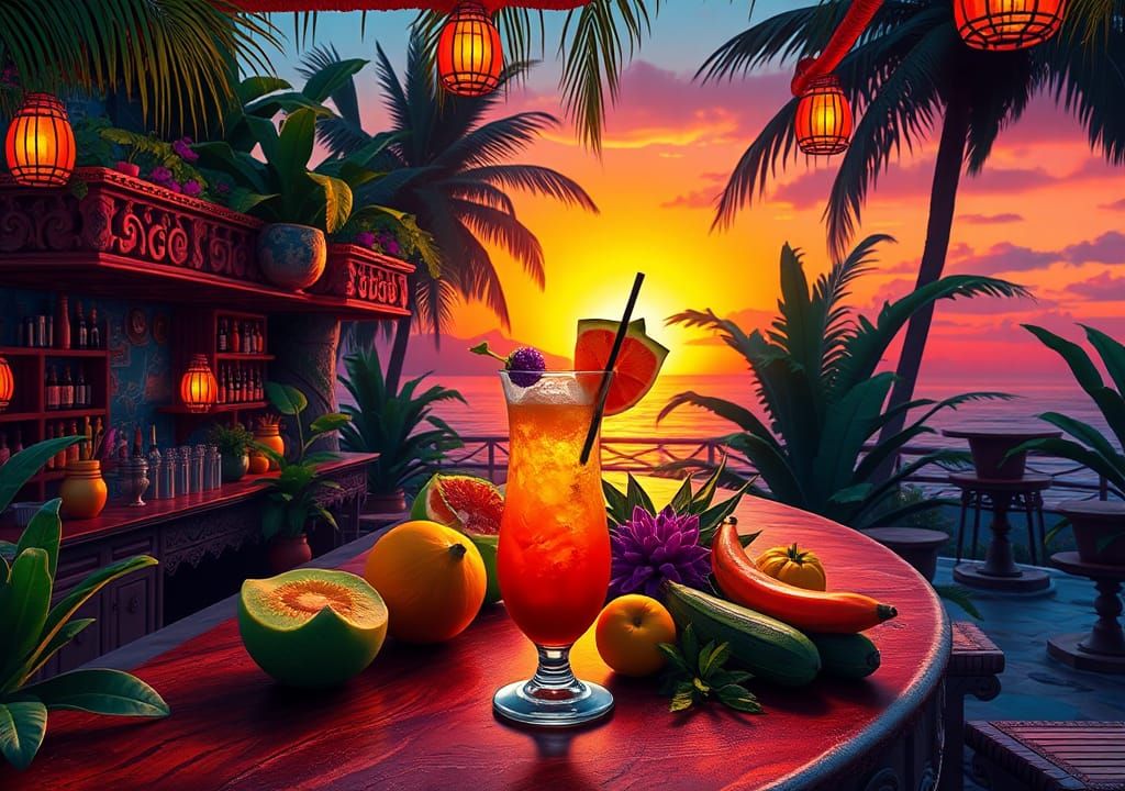 Exotic Tropical Bar with Colorful Cocktail, Fantasy Art
