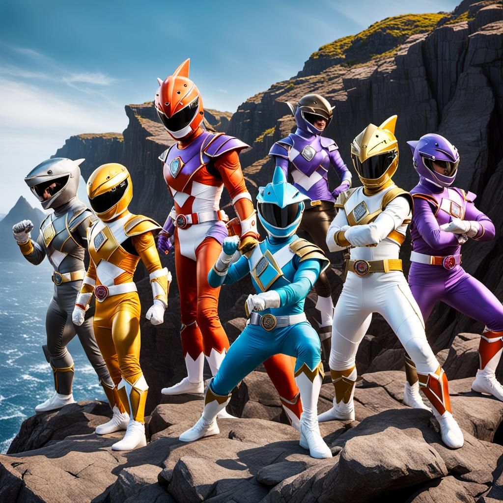 Shark-Themed Superheroes on Stormy Seascape