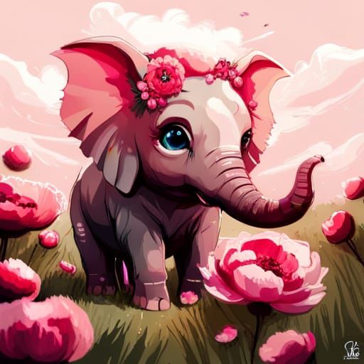 Chibi Elephant with Peonies in Hyperrealistic Style