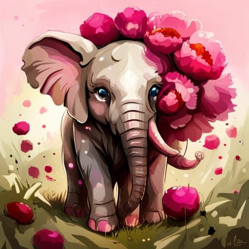 Chibi Elephant with Peonies in Hyperrealistic Style