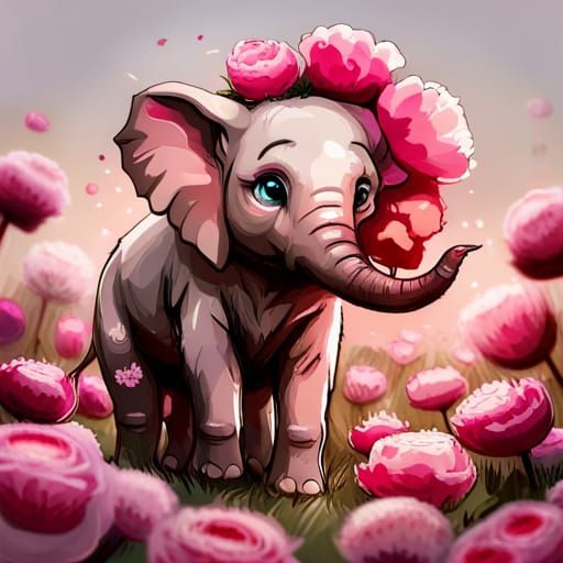 Chibi Elephant with Peonies: Hyperrealistic Splash Art