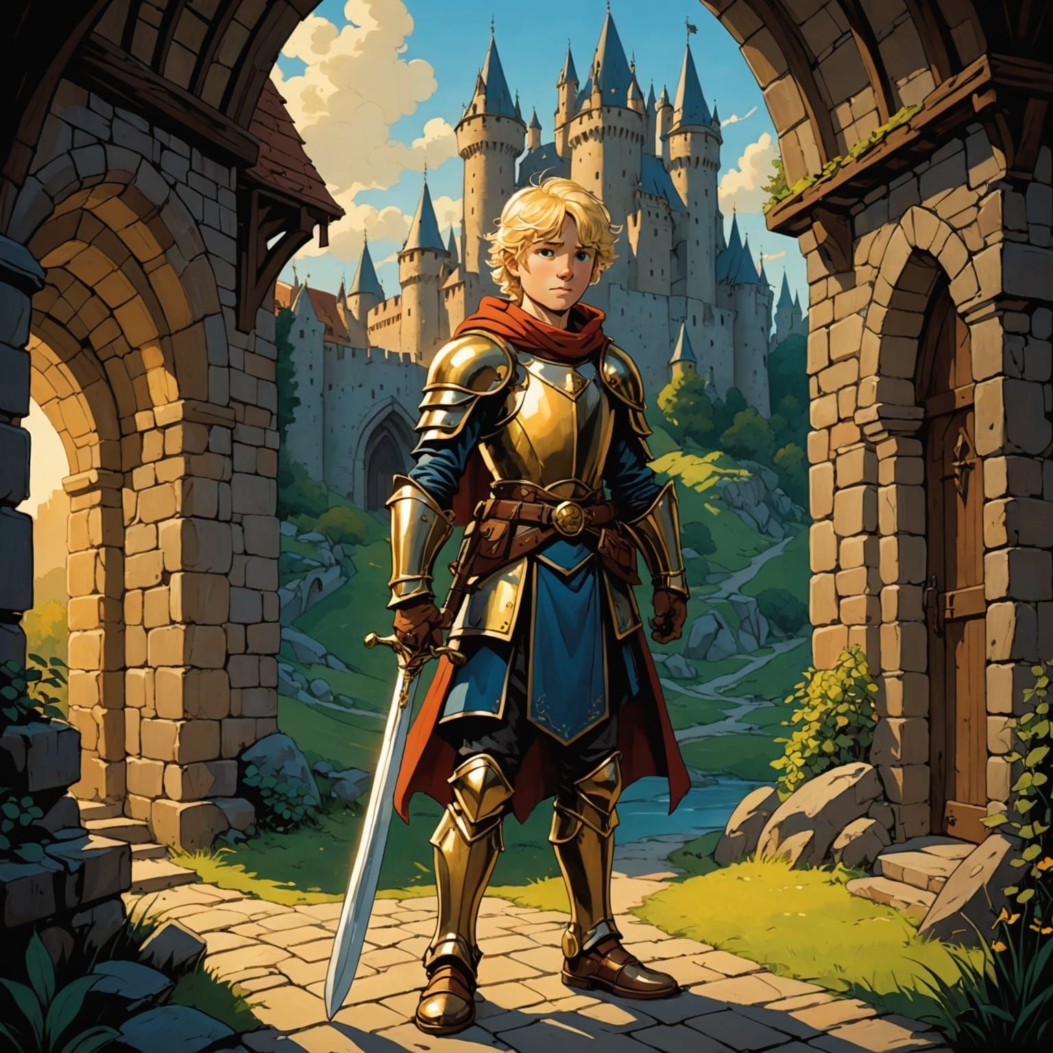 Blond Boy Paladin in Chiaroscuro Cartoon Style