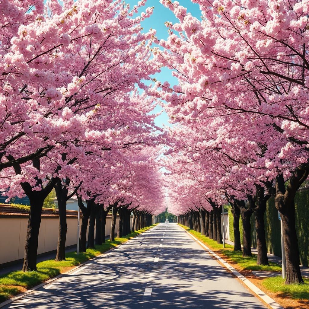 Japanese Road in Vibrant Pink Blossom, Highly Realistic