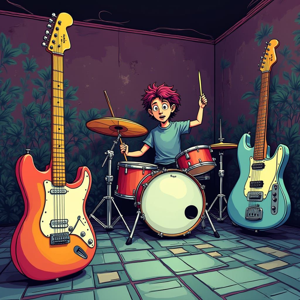 Flying Instruments in Psychedelic Cartoon Garage