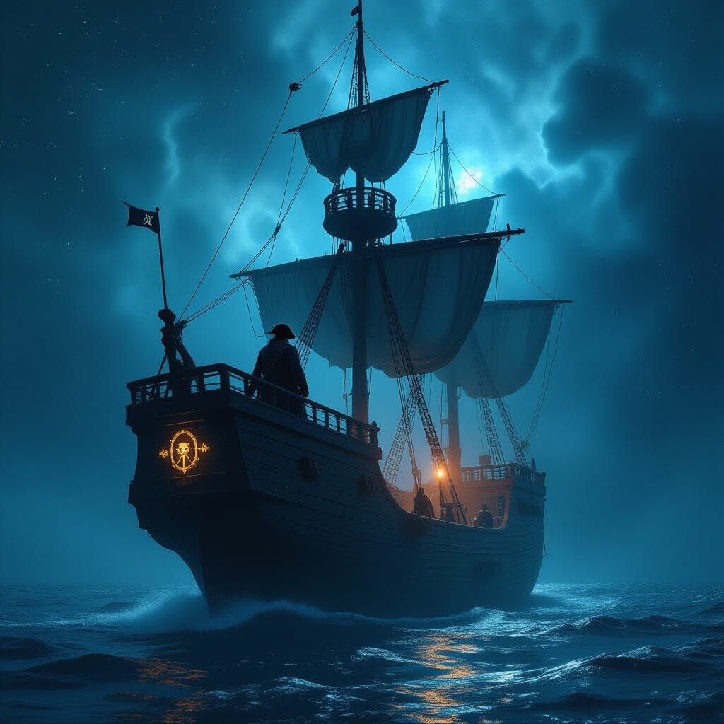 Pirate Captain on Spectral Ship in Nebula