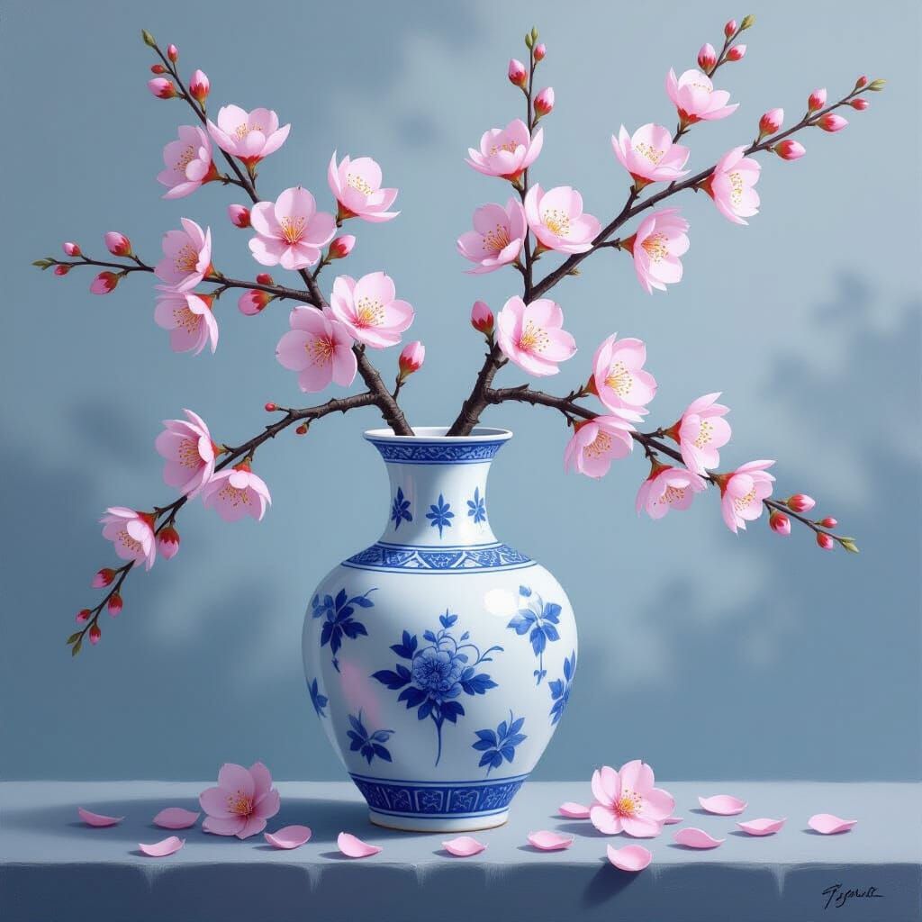 Blue and White Vase with Cherry Blossoms