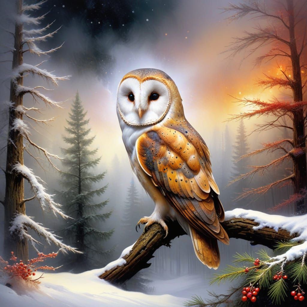 Surreal Barn Owl in Vibrant Winter Wonderland