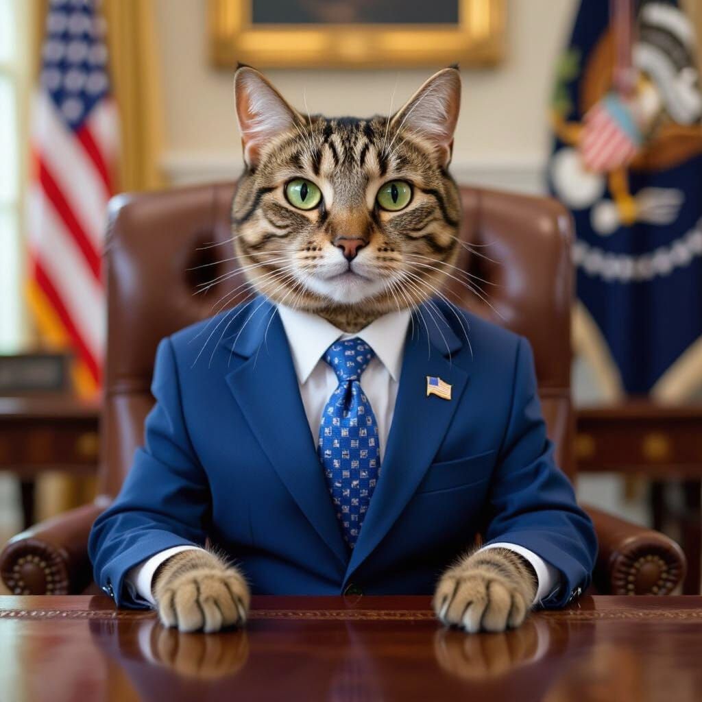 Cat President in Oval Office, Adorable Blue Suit
