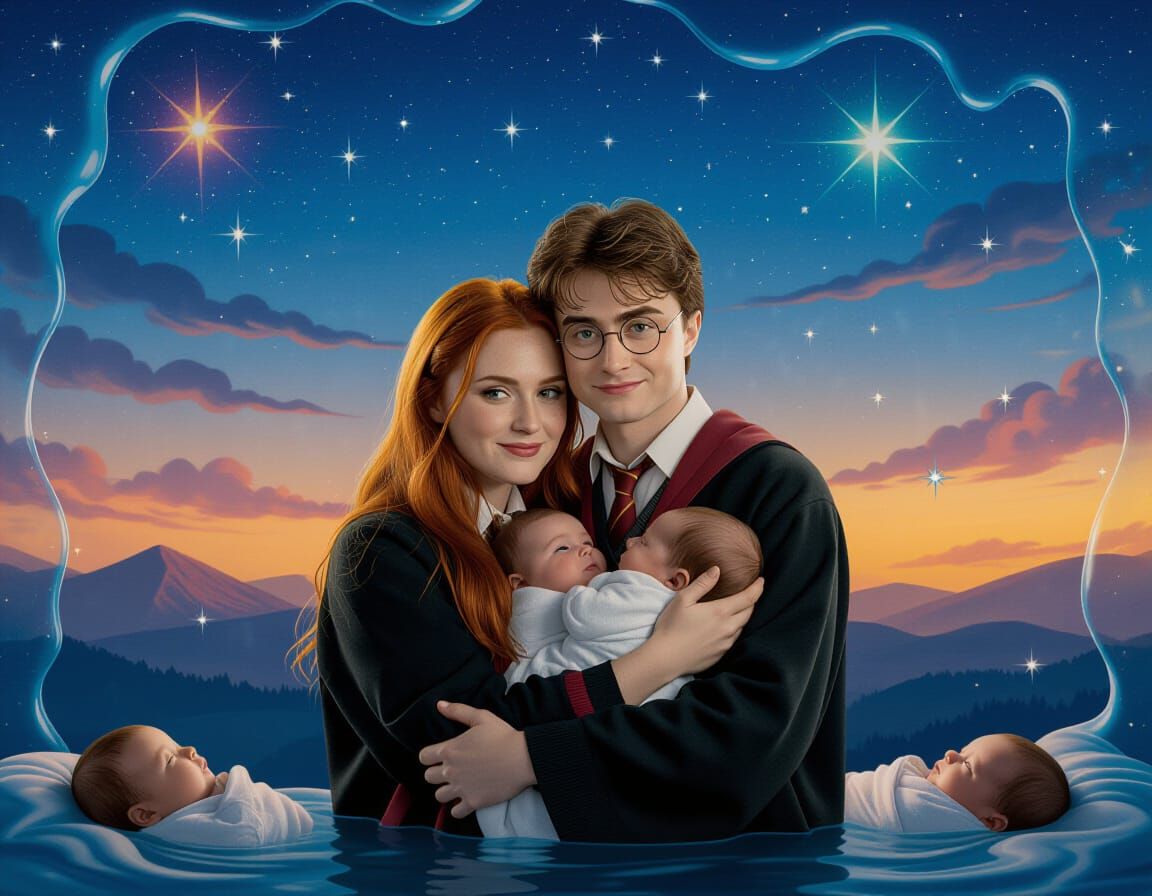 Harry and Ginny Embrace Under Surreal Starry Sky