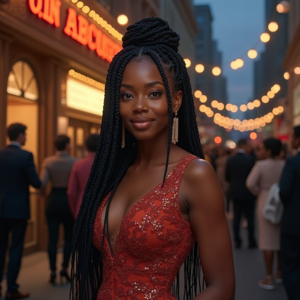 Elegant Woman in Evening Gown Outside Theater, Hyperrealisti...