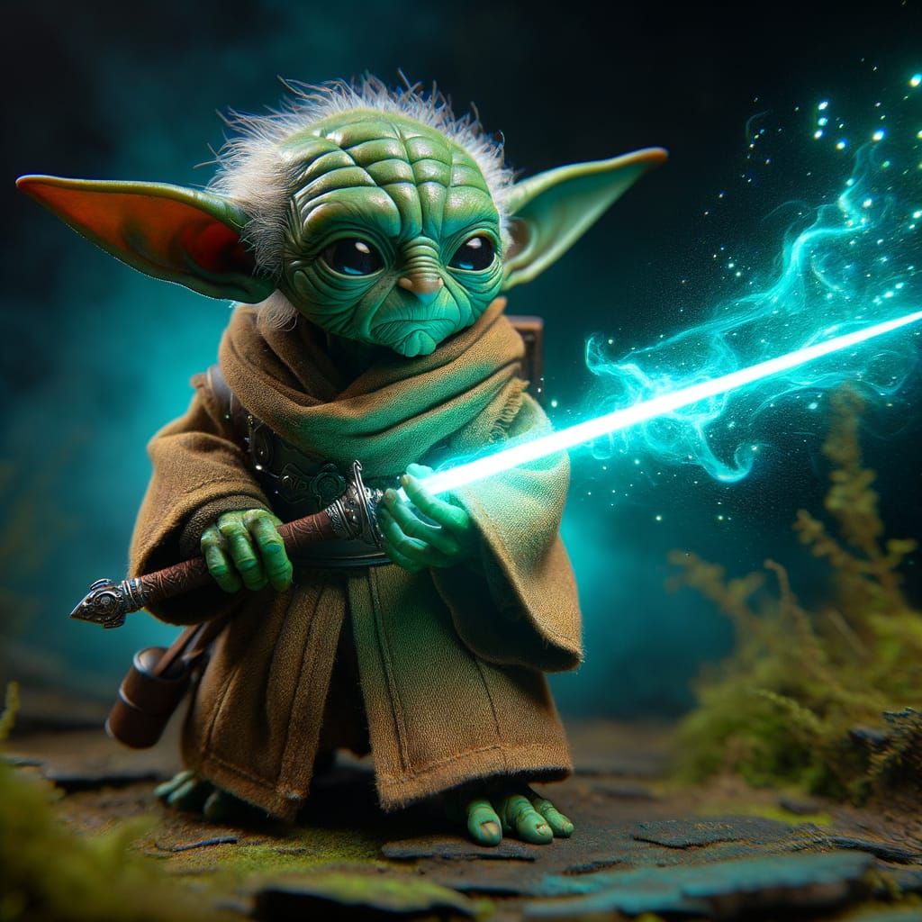 Yoda Wields Glowing Lightsaber in Dark Landscape