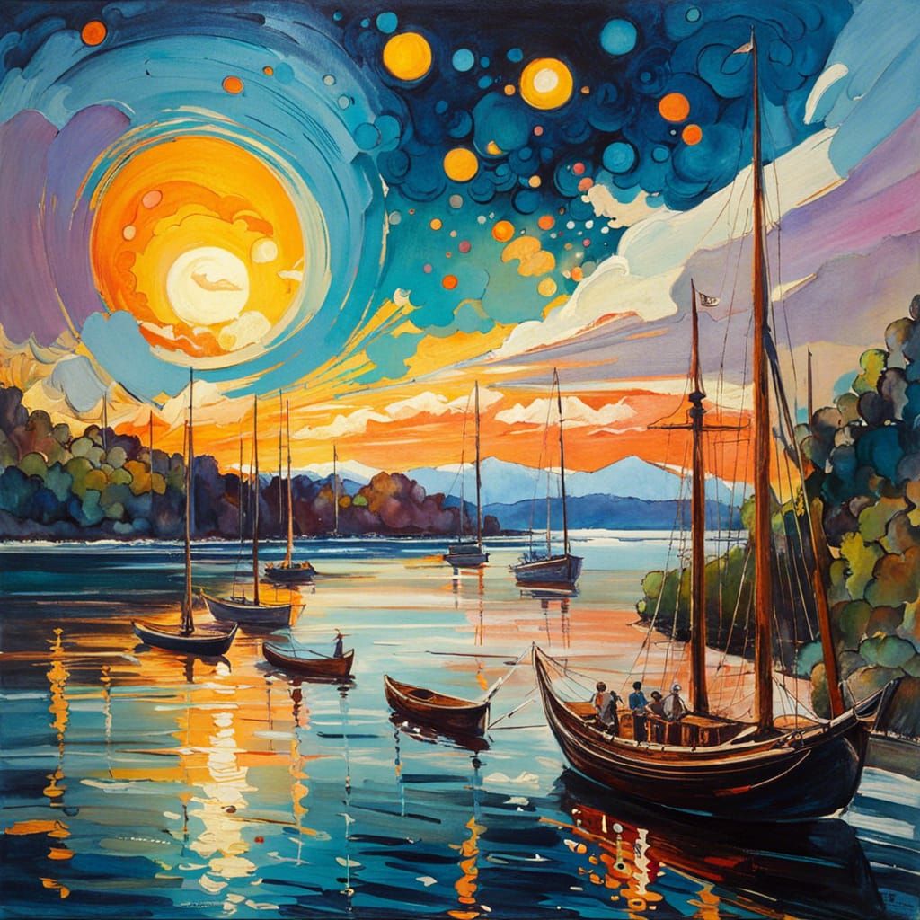 Celestial Riverside Gouache Painting at Golden Hour