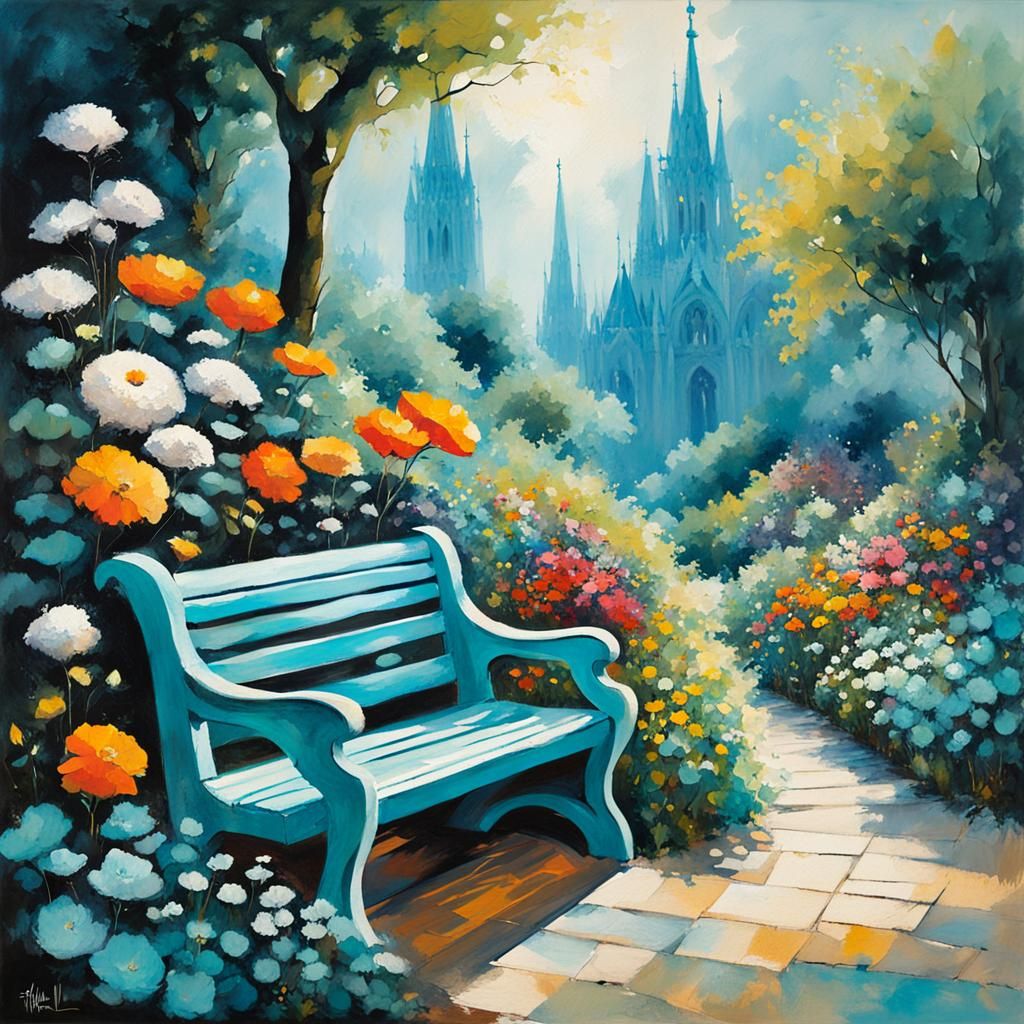 Turquoise Flower Garden with Bench in Acrylic Style