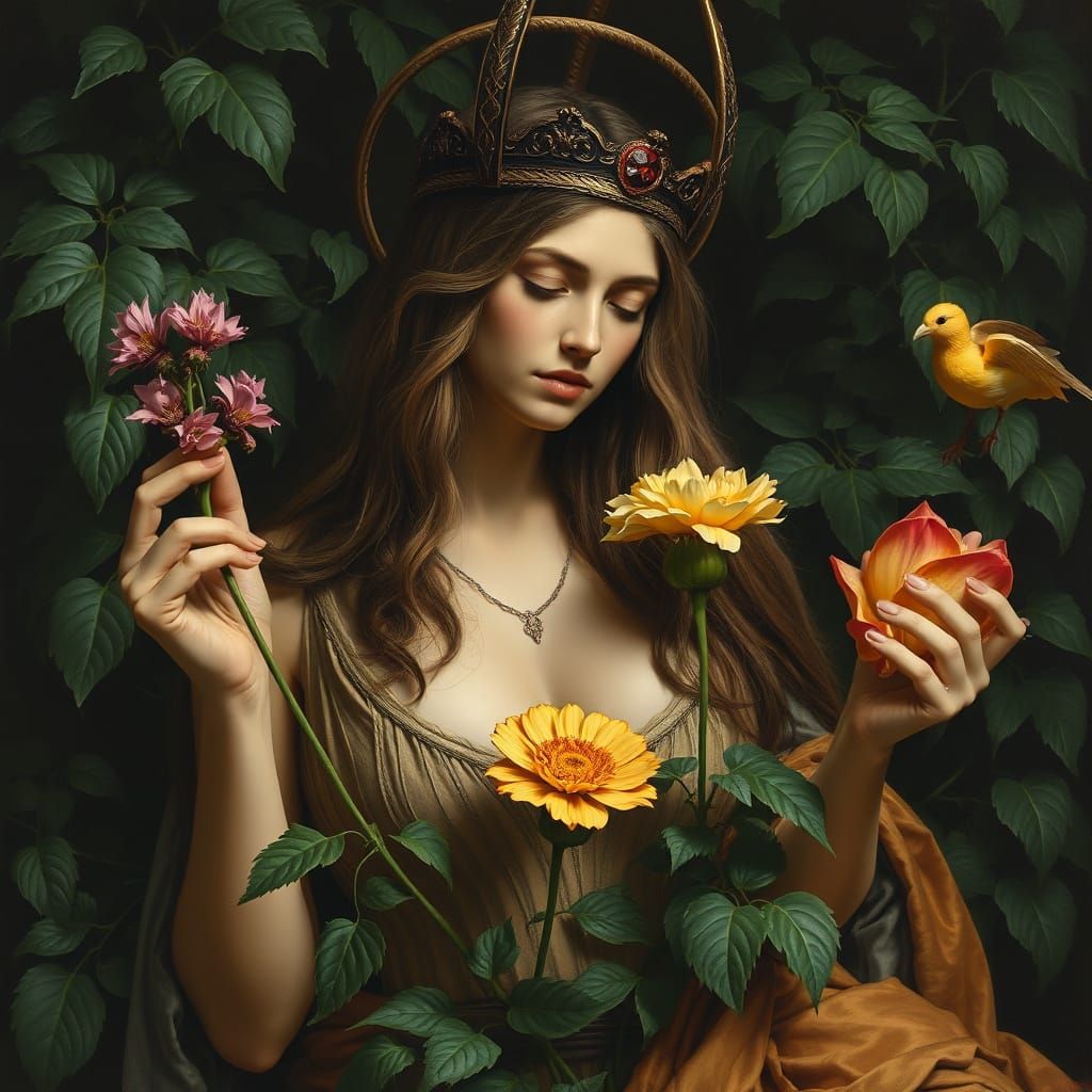 Astarte Holding Flowers of Evil as Oil Painting