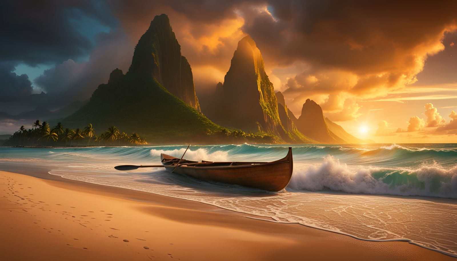 Beautiful Tropical Island Beach With Large Crashing Waves, an outrigger canoe, and Dramatic Sky at Golden Hour-1429
