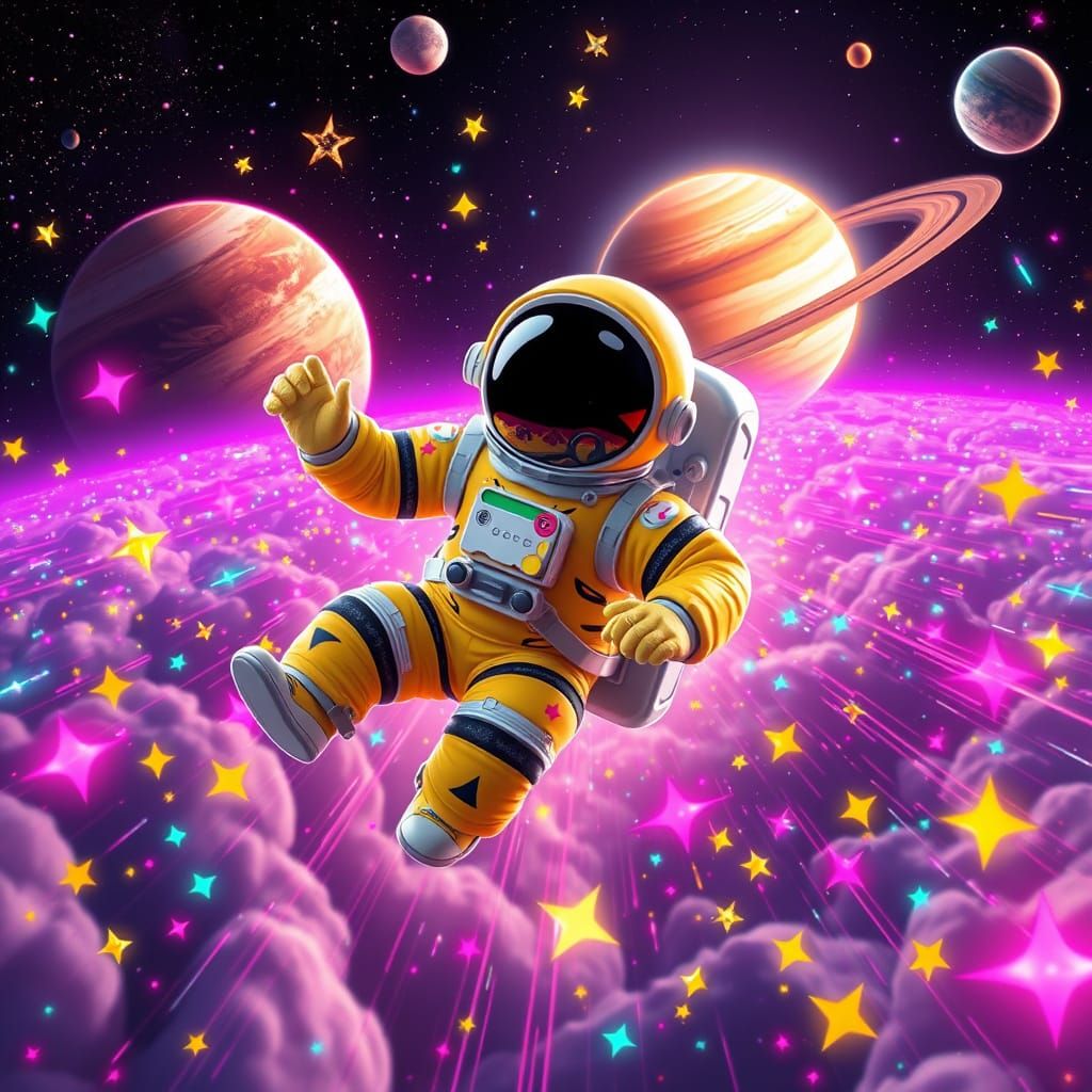 Whimsical Astronaut in a Vibrant Celestial Explosion