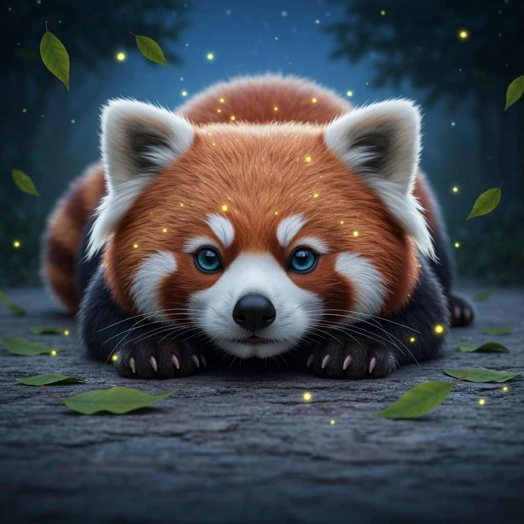 Hyper-Realistic Red Panda with Fireflies in Digital Art