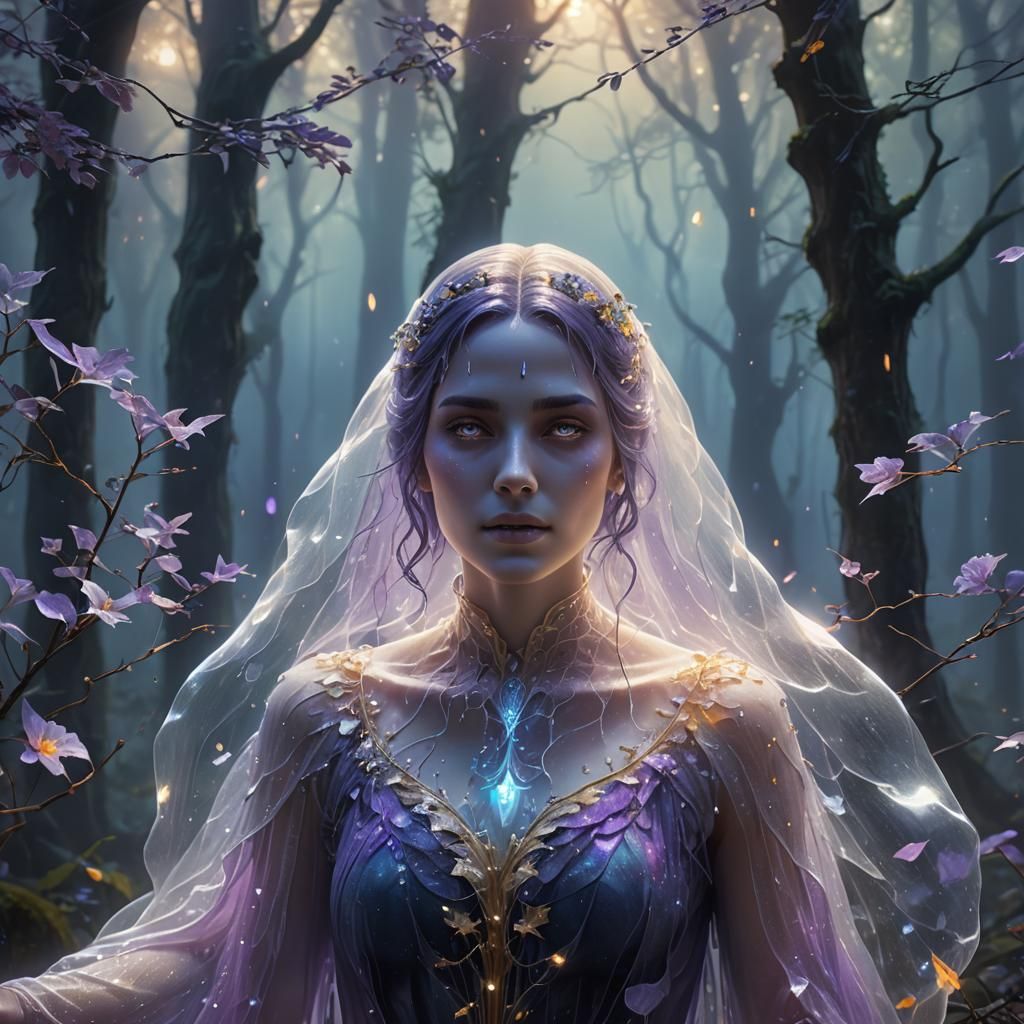 Ethereal Ghost Girl in Misty Forest, Fantasy Art