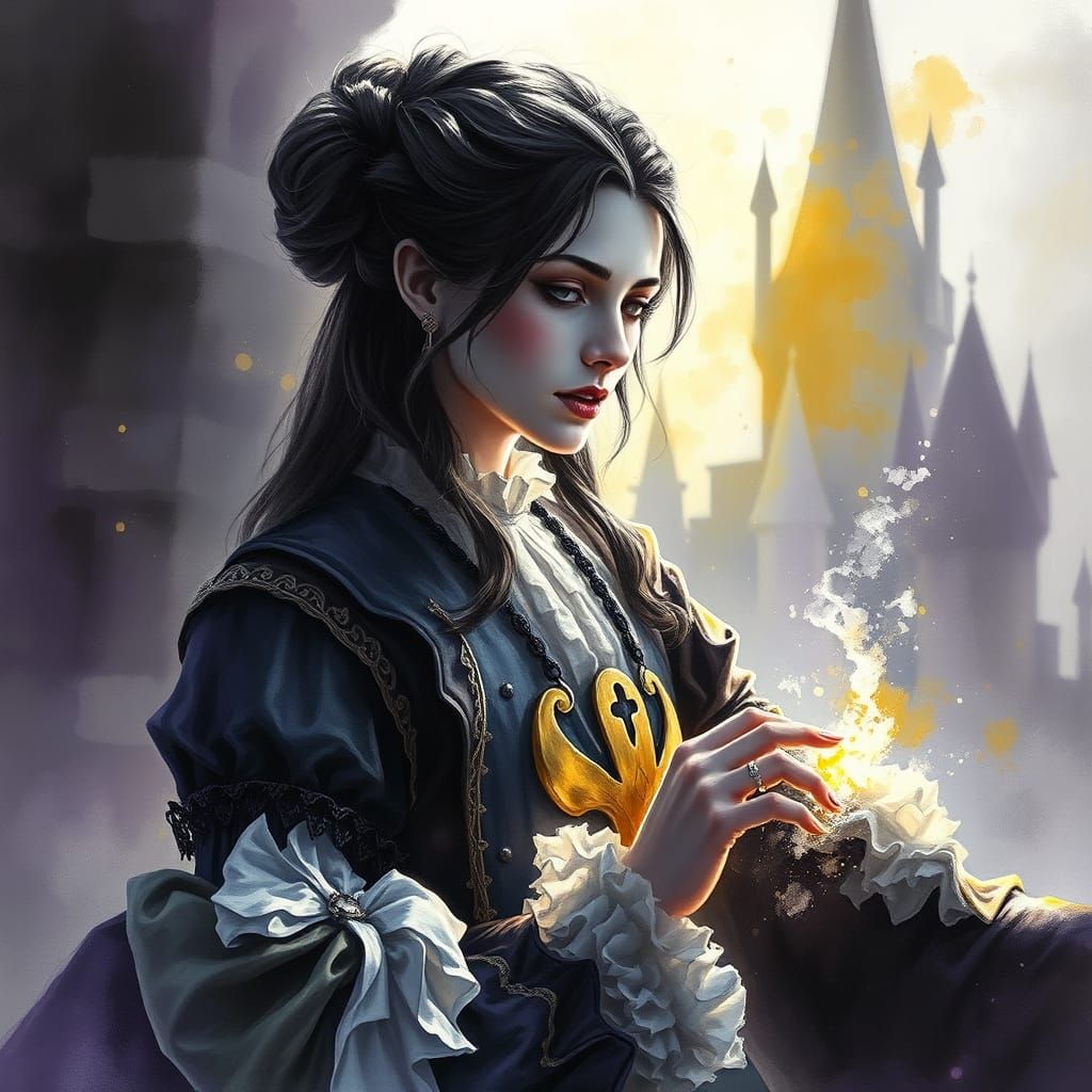 Monochrome Vampire in Gothic Castle, Detailed Fantasy Art