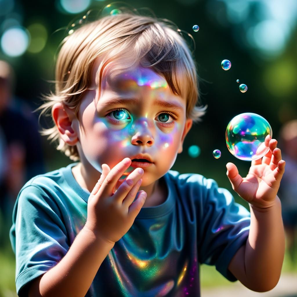 Child Blowing Iridescent Soap Bubble in Photorealistic Style