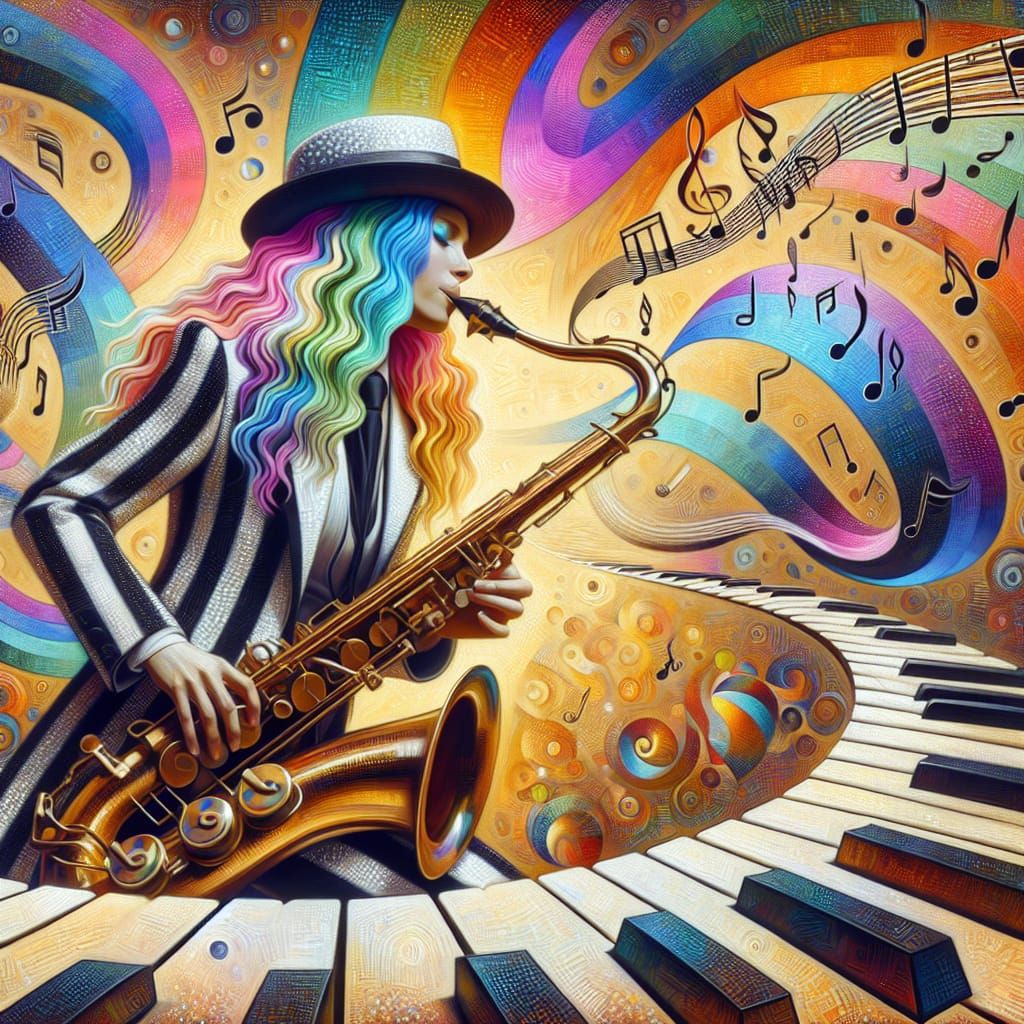 Rainbow Haired Woman in Jazz Scene as Oil Painting