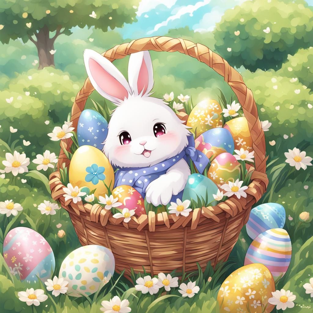 Cute Easter Bunny with Eggs in Anime Style