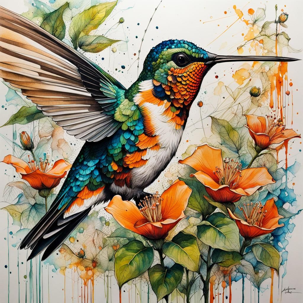 Jewelweed Hummingbird in Cubist Ink and Watercolor