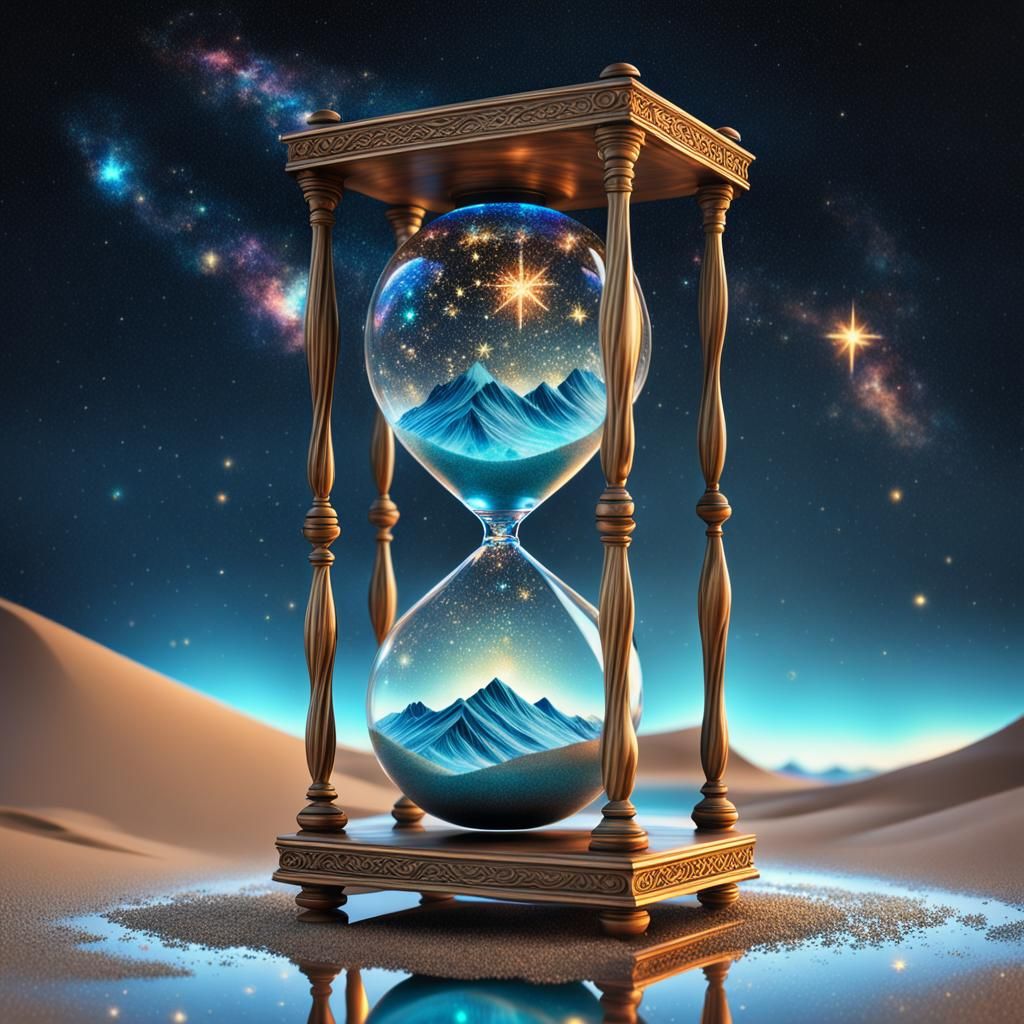 Cosmic Hourglass with Shimmering Stars, Holographic Illustra...