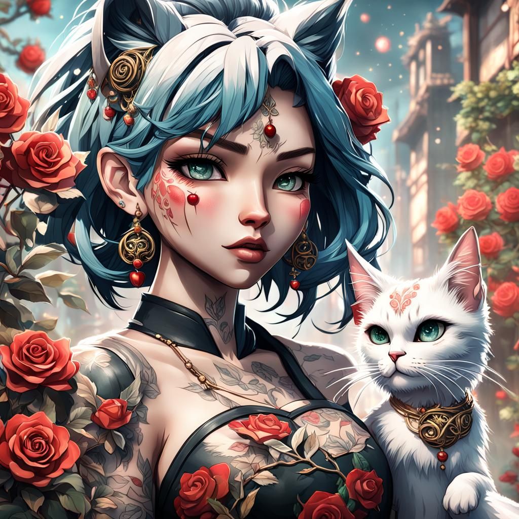 Chibi Girl Tattoo Design with Cat and Roses