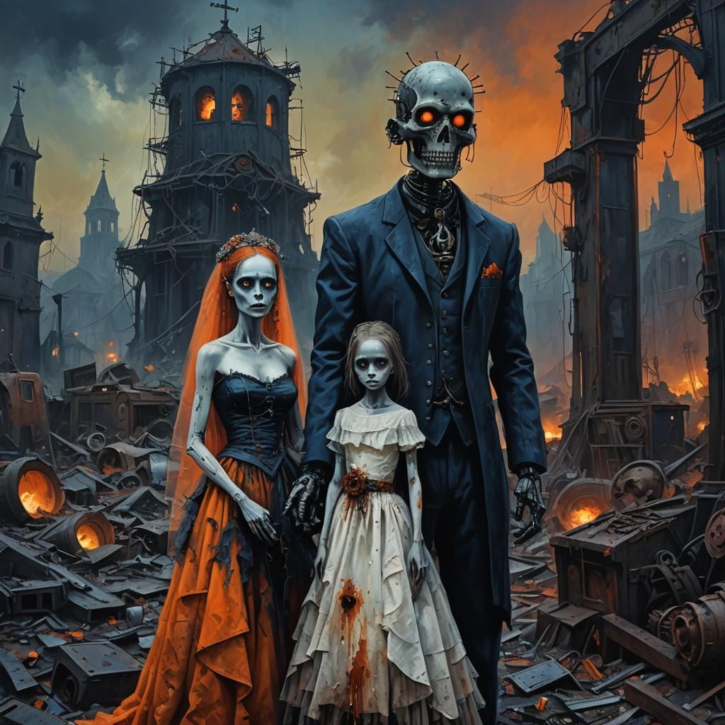 Robotic Groom and Zombie Bride in Gothic Portrait