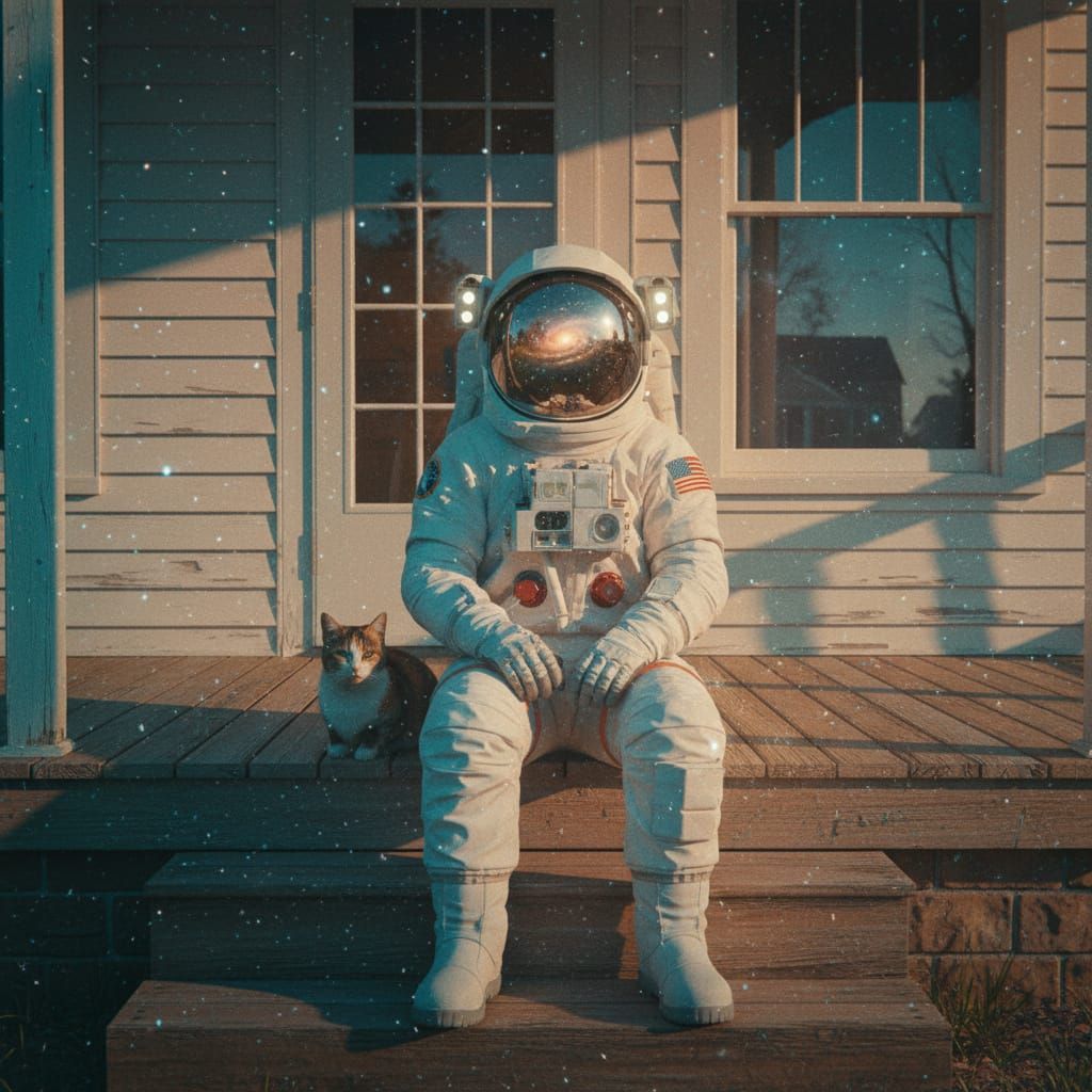 Astronaut and Cat on Porch, Golden Hour, Retro Cinematic Sty...
