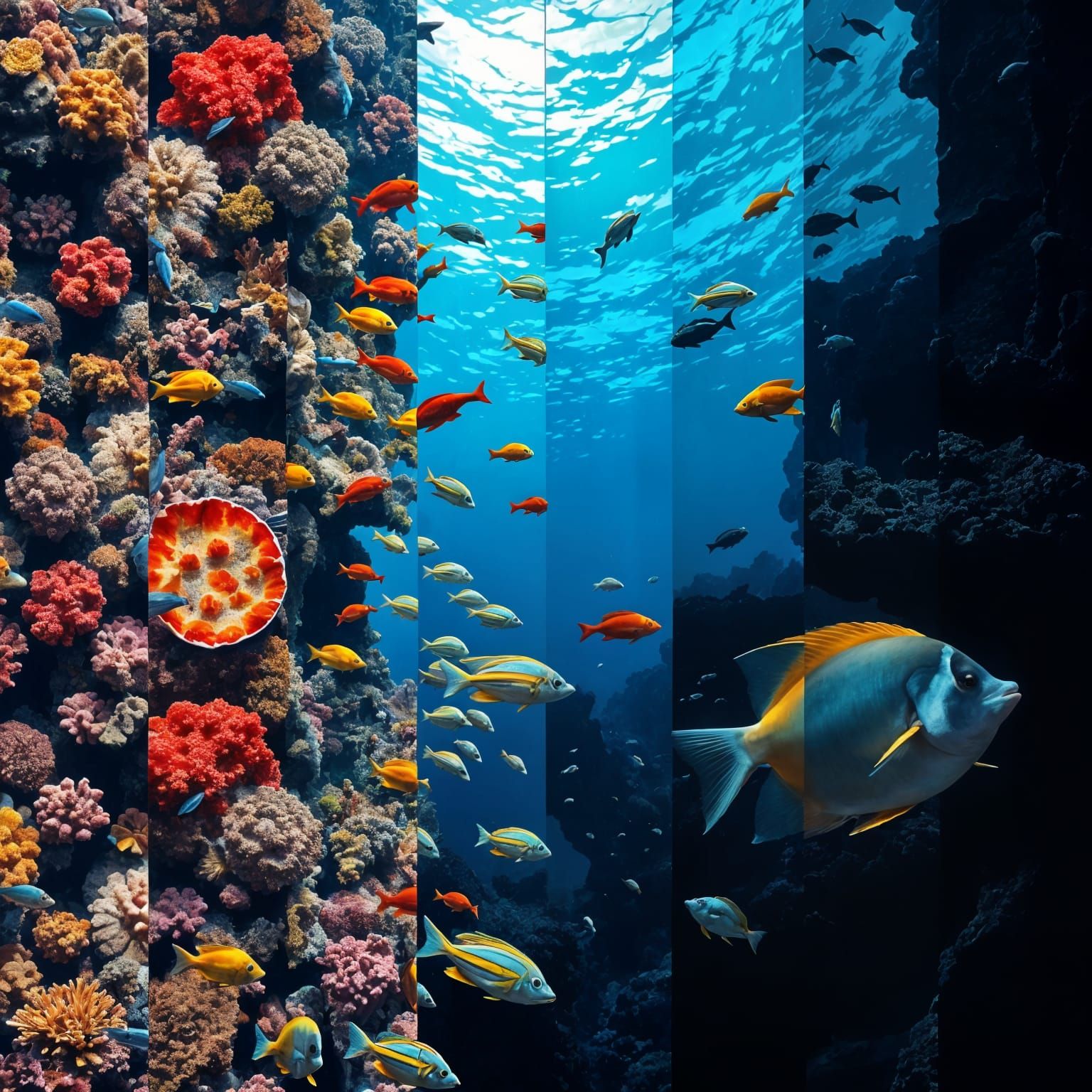 Vibrant Underwater Habitats Collage: Shallow to Deep Sea